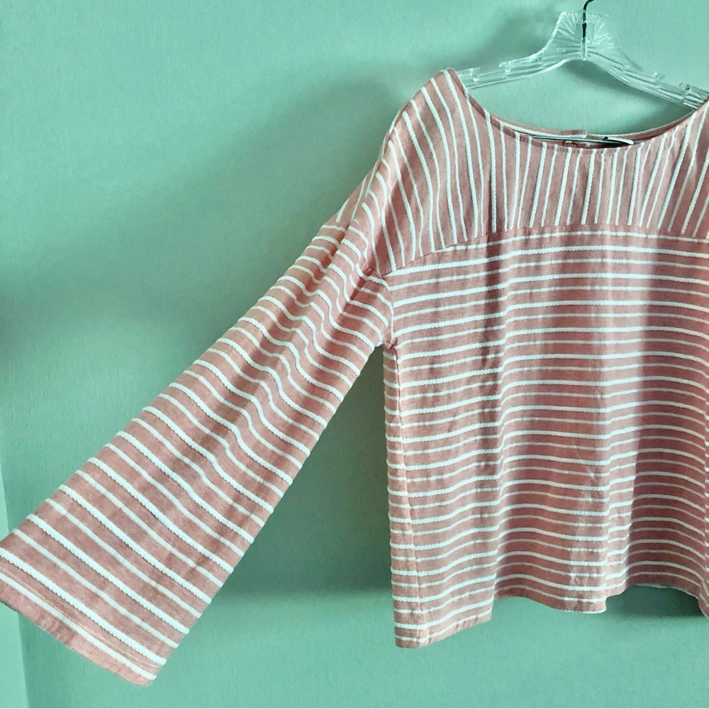 A New Day Plus Size Coral Striped Back Button Oversized Trumpet Sleeve Top - Picture 4 of 9